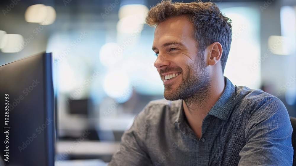 Fototapeta premium Smiling Caucasian man sitting at his computer in the office, side view, simple composition with minimal distractions.