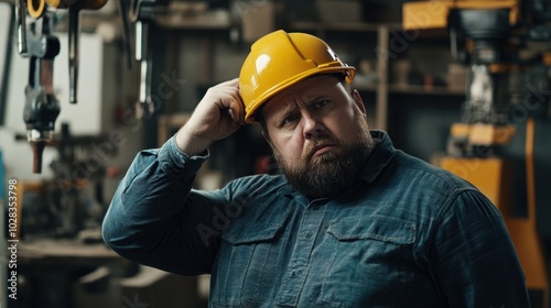 fat sad man in work clothes adjusting his helmet while working with machinery, surrounding tools and industrial elements blurred in the background