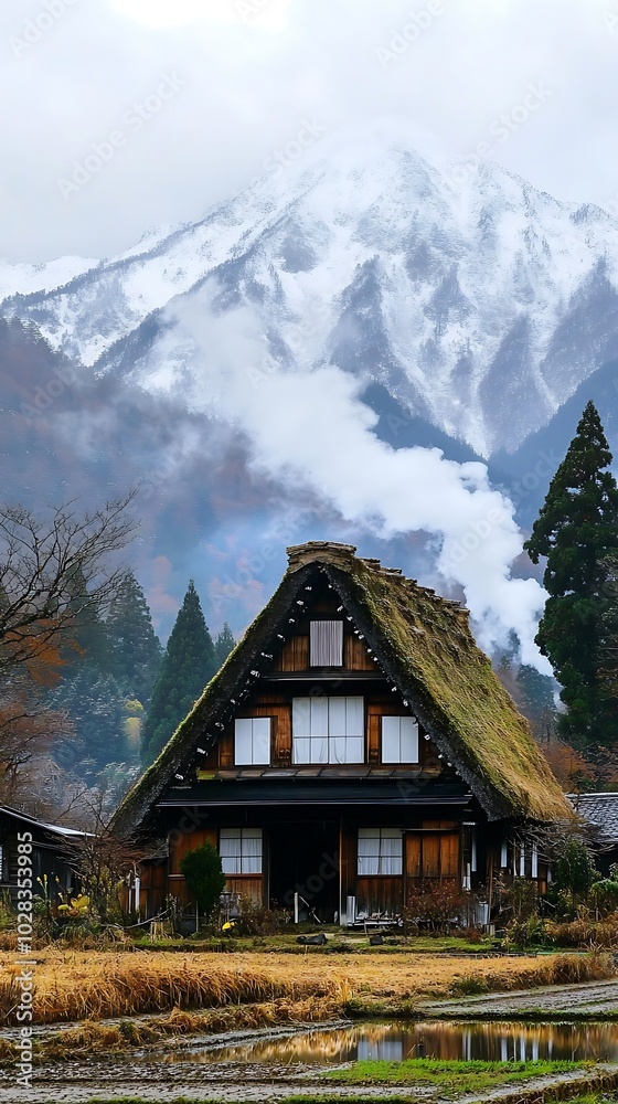 Fototapeta premium Traditional Japanese House with Snow-capped Mountains in the Background.
