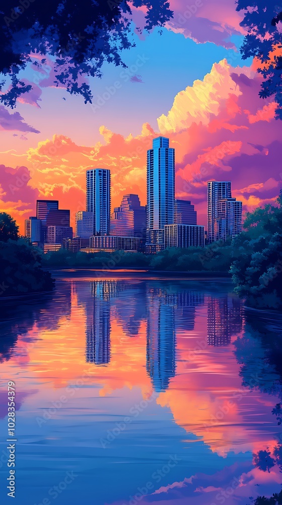 Fototapeta premium Cityscape Reflection at Sunset.