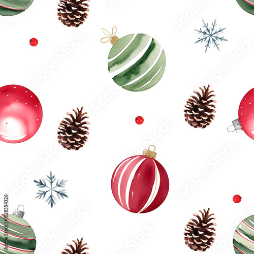 Seamless pattern with watercolor christmas balls and pine cone. Hand drawn christmas ornament, background.