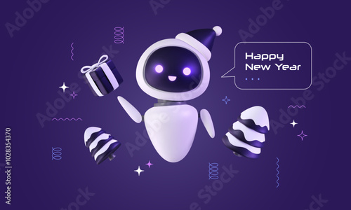 Happy New Year banner with 3D chatbot holding gift box, snowy trees floating with geometric confetti. Artificial intelligence server technology. Neural network robot wishes Merry Christmas. Vector art