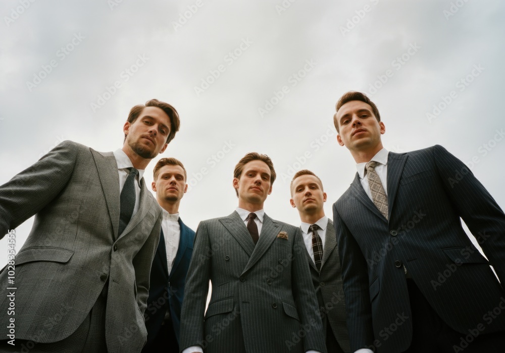 Confident businessmen in suits gathered outdoors under cloudy sky Confident businessmen in suits gathered outdoors under cloudy sky