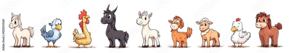 Cartoon farm animals, pony, chicken, hen, duck, goat, lamb, donkey, isolated on white background. Cartoon farm animals, pony, chicken, hen, duck, goat, lamb, donkey, isolated on white background.