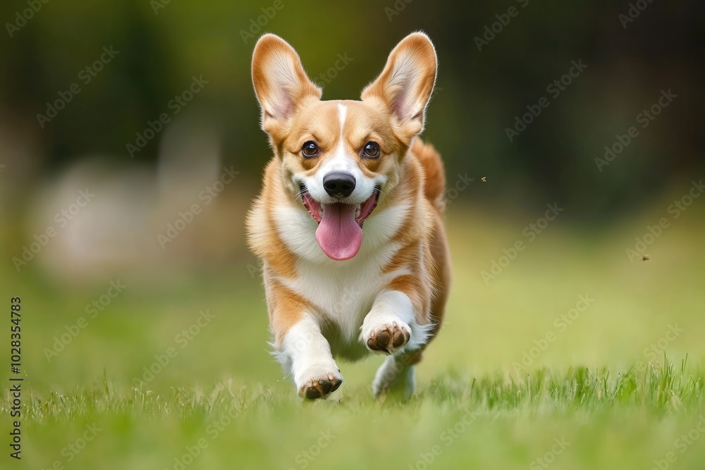 A corgi dog with tongue out running on green lawn towards the camera A corgi dog with tongue out running on green lawn towards the camera
