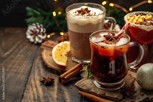 Warm mulled wine and hot chocolate with festive decorations