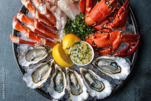 A luxurious seafood platter with oysters on the half shell, king crab legs, lobster claws, and lemon wedges, served on a bed of ice with cocktail sauce and mignonette photo