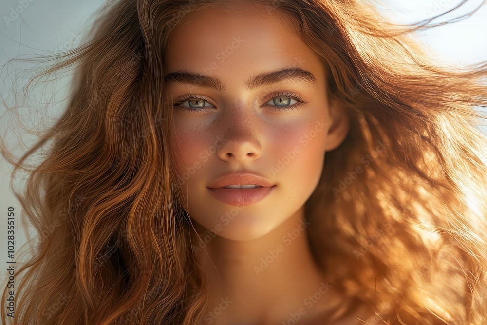 Model with hydrated, shiny hair flowing freely, natural sunlight creating a healthy glow, ultrarealistic shot capturing the smoothness and moisture from a shampoo treatment Model with hydrated, shiny hair flowing freely, natural sunlight creating a healthy glow, ultrarealistic shot capturing the smoothness and moisture from a shampoo treatment