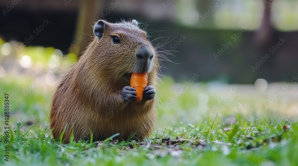 hungry capybara eating a carrot on the grass, bright natural lighting, hungry capybara eating a carrot on the grass, bright natural lighting,