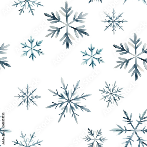 Seamless pattern with watercolor snowflakes. Winter background. Hand drawn christmas ornament.