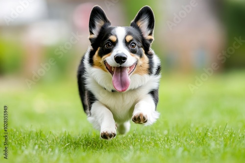 A corgi dog with tongue out running on green lawn towards the camera photo