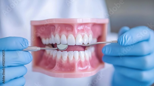 Assistant holding dental mirror, dentist filling, focus on patient s tooth photo