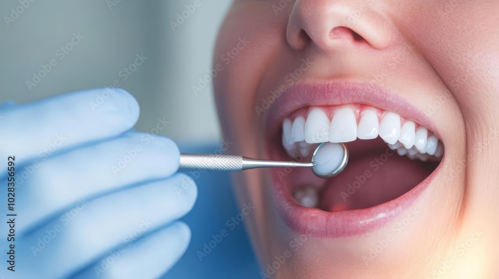 Fototapeta premium Close-up of dentist curing filling, patient reclined, sterile environment