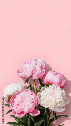 Bouquet of pink peonies against a gradient backdrop transitioning from white to pink