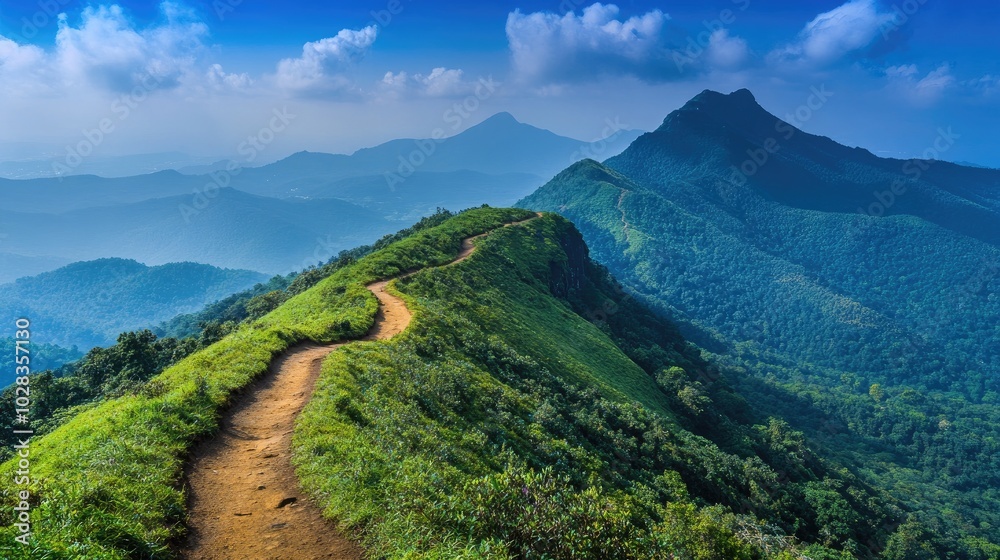 Naklejka premium A picturesque mountain landscape with a winding trail cutting through vibrant greenery, under a crisp blue sky, perfect for outdoor photography