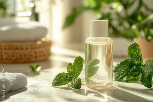 Shampoo bottle next to cooling ingredients like peppermint and tea tree, bright bathroom setting, ultrarealistic shot capturing the soothing and refreshing antidandruff treatment photo