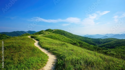 A scenic mountain landscape with a winding trail through lush greenery, set against a bright clear blue sky, perfect for outdoor adventure photography