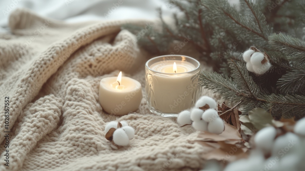 Winter hygge holiday scene with candles, hot drink mug, soft plaid and cotton branch, winter lazy and cozy home morning, slowcation concept, AI generated image Winter hygge holiday scene with candles, hot drink mug, soft plaid and cotton branch, winter lazy and cozy home morning, slowcation concept, AI generated image