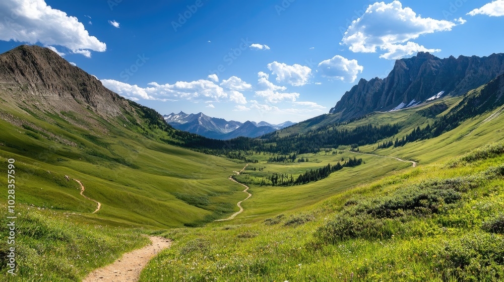 A scenic view of mountains with a winding trail, lush green fields, and a clear blue sky, creating a perfect outdoor adventure scene A scenic view of mountains with a winding trail, lush green fields, and a clear blue sky, creating a perfect outdoor adventure scene