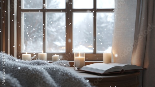 Cozy reading nook against a panoramic window with winter twilight landscape outside, indoor peaceful lazy vacation or slowcation, warm semi-dark reading room or library interior, AI generated image photo