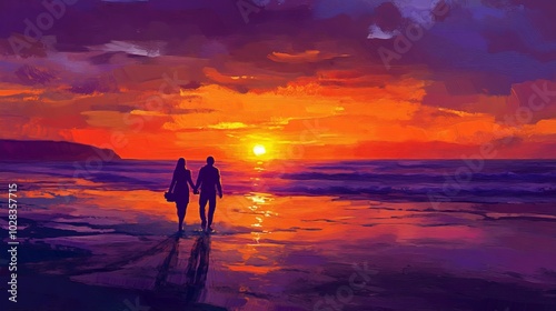 A vibrant sunset beach with silhouettes of couples walking hand in hand along the shore. The sun dips below the horizon, casting an orange and purple glow across the sky and sea