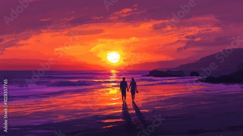 A vibrant sunset beach with silhouettes of couples walking hand in hand along the shore. The sun dips below the horizon, casting an orange and purple glow across the sky and sea