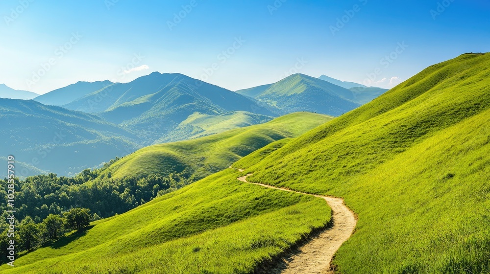 Obraz premium Breathtaking mountain view with a winding trail through green hills, set against a clear blue sky, perfect for outdoor adventure photos