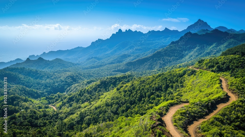 Naklejka premium A beautiful mountain landscape with a winding trail cutting through vibrant greenery, under a clear blue sky, ideal for travel photography