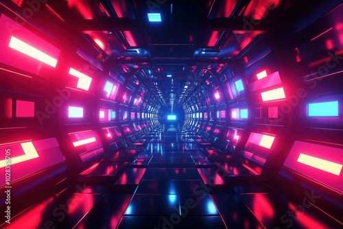 Abstract flight in retro neon hyper warp space in the tunnel  photo