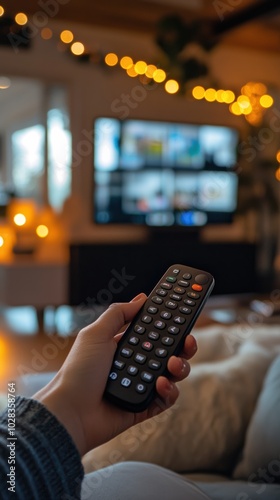 A man hand holding a TV's remote while sitting on a couch inside a modern living room photo