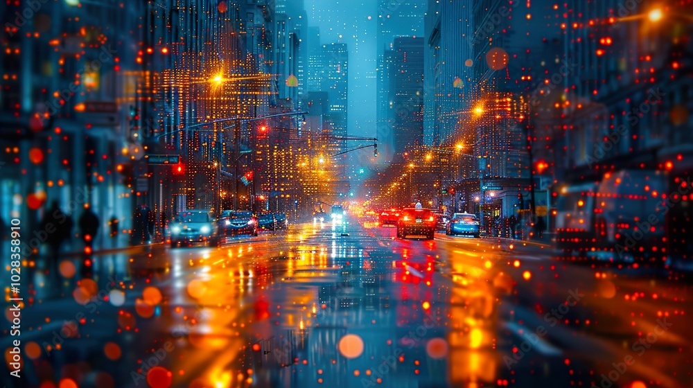Rainy Night Cityscape with Reflections Rainy Night Cityscape with Reflections