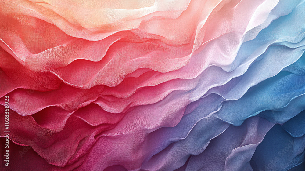 Textured gradient background with multiple layers of translucent fabric in red, pink, and blue hues, offering a soft, flowing, and elegant aesthetic.