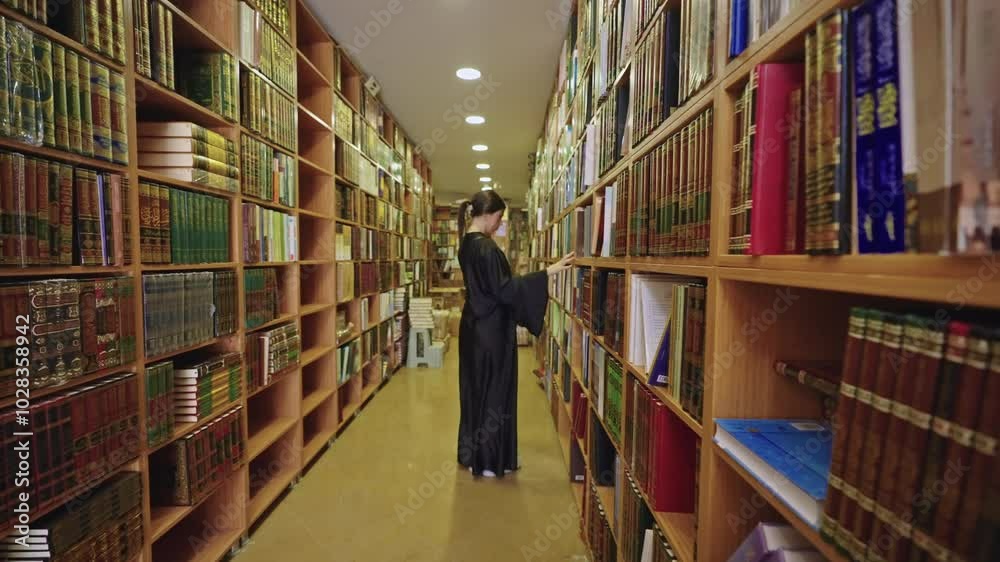 Female Caucasian Student Choosing Book in a Library Corridor with Many Books on Shelves. Concept of Reading, Literature, Education, Knowledge, Research, Literacy, Intellectual Growth