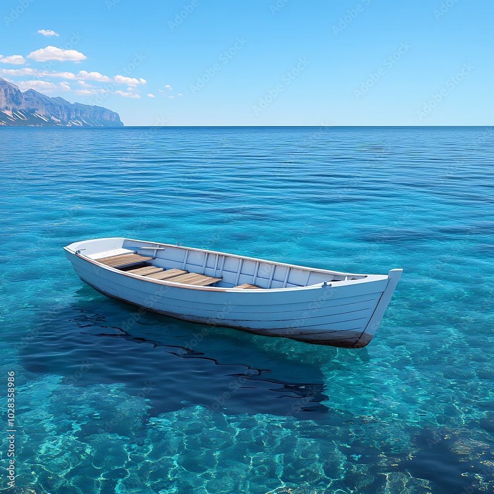 Naklejka premium Serene Rowboat Floating Across Glassy and Clear Blue Waters Image