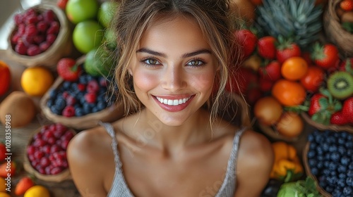 Fototapeta Naklejka Na Ścianę i Meble -  A young woman smiles amidst a vibrant display of fresh fruits at a local market in summer