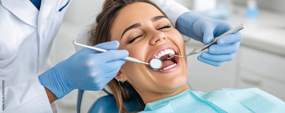 Dentist polishing filled molar, patient relaxed, dental hygiene Dentist polishing filled molar, patient relaxed, dental hygiene