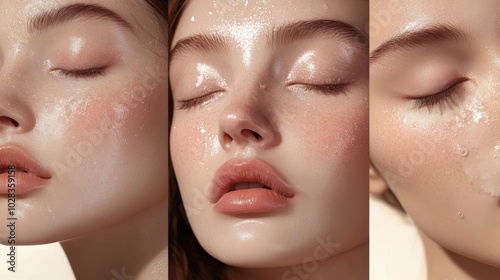 Close-up portrait of a young woman with dewy, glowing skin. photo