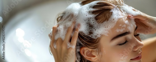 Woman massaging moisturizing shampoo into her hair, rich lather forming, bright bathroom lighting, ultrarealistic shot capturing the hydration and nourishment of healthy hair