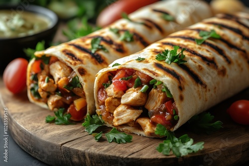 Delicious Shawarma on Wooden Board with Grilled Pita, Chicken, and Vegetables. Doner kebab