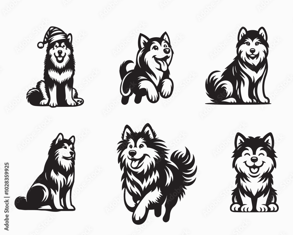 Fototapeta premium Set of Alaskan Malamute Dog vector illustration - Alaskan Malamute Dog Different Activities Clipart Design
