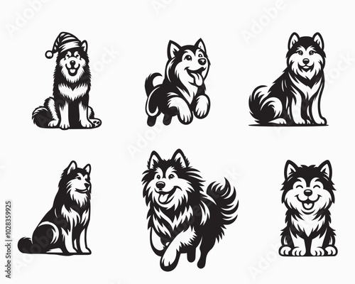 Set of Alaskan Malamute Dog vector illustration - Alaskan Malamute Dog Different Activities Clipart Design