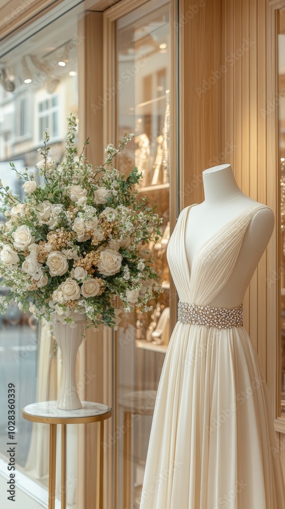 Mannequin modeling a satin gown with a crystal-studded belt in a luxurious boutique window Mannequin modeling a satin gown with a crystal-studded belt in a luxurious boutique window
