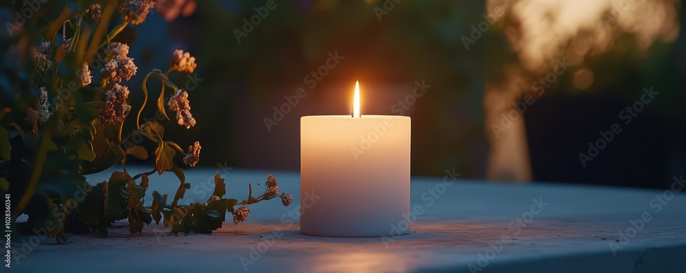 Elegant tall pillar candle flickering softly in a gentle breeze, illuminating the outdoor ambiance with warm light. Elegant tall pillar candle flickering softly in a gentle breeze, illuminating the outdoor ambiance with warm light.