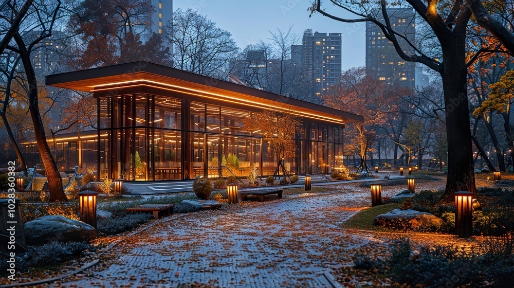 Modern Glass Pavilion in an Urban Park Modern Glass Pavilion in an Urban Park