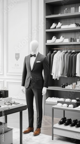 Mannequin dressed in a sharp tuxedo with velvet lapels and leather shoes in a sleek, refined boutique photo