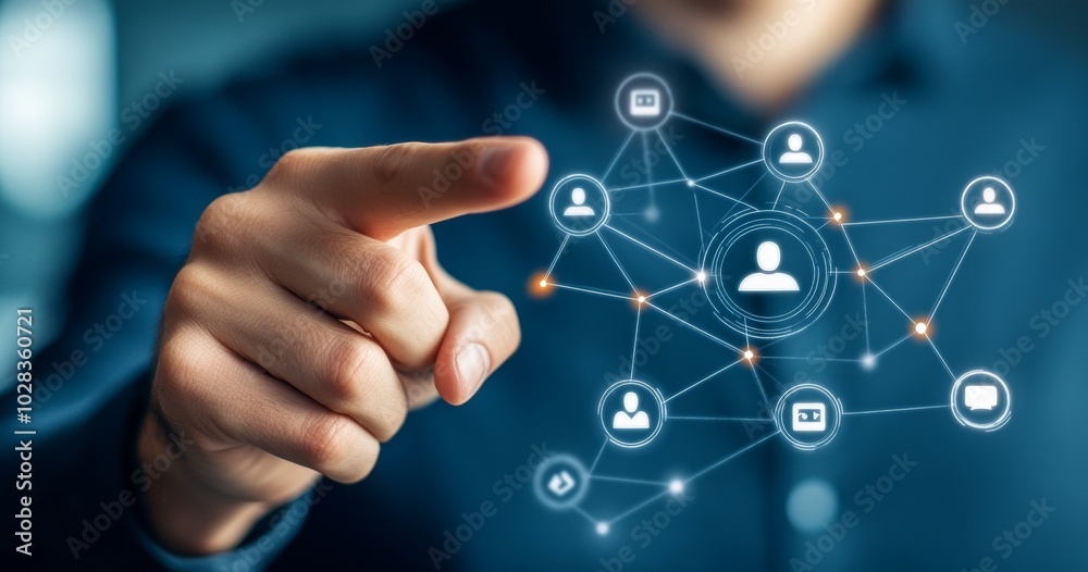 Hand Pointing at Human Icon on Blue Background Hand Pointing at Human Icon on Blue Background