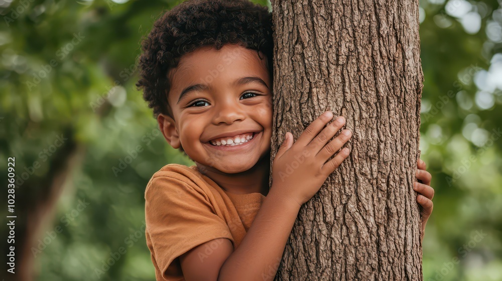 Joyful child embracing a tree, surrounded by a lush forest, radiating happiness and connection to nature. Joyful child embracing a tree, surrounded by a lush forest, radiating happiness and connection to nature.