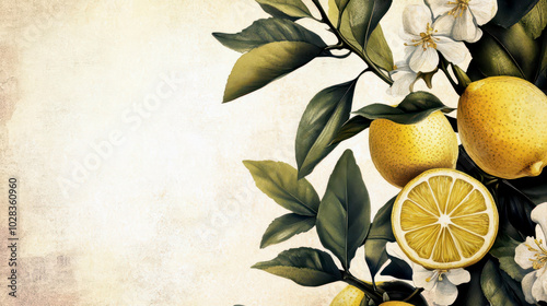 Vintage postcard. Yellow lemons and green leaves on a white background. Horizontal banner. Copy space. The famous Lemon Festival (La Fête du Citron). Travel in France. Carnival of Menton photo