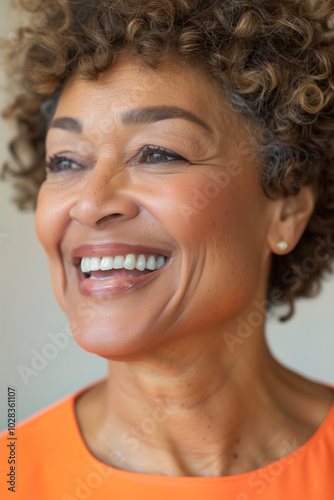 A close-up portrait of a smiling black woman with curly hair, wearing an orange top. She has a warm expression and is looking slightly to the side, showcasing her joyful demeanor.