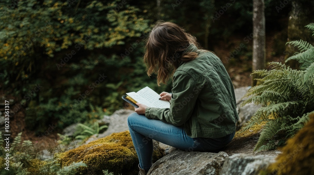 Fototapeta premium Person journaling on a rock in a lush forest, embodying nature therapy, outdoor meditation, and forest wellness